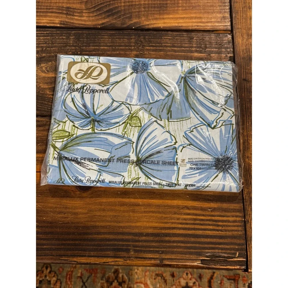 Lady Pepperell Flat Sheet Twin Blue Floral NOS Vintage Percale MCM 72x104